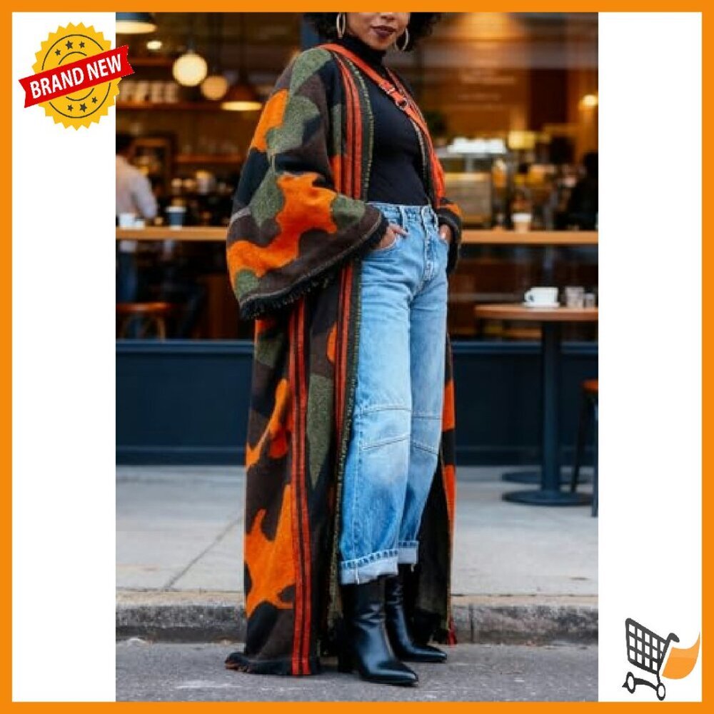 Long Camo Cardigan Poncho Fringe Knit Sweater Maxi Cape Duster - Picture 7 of 8
